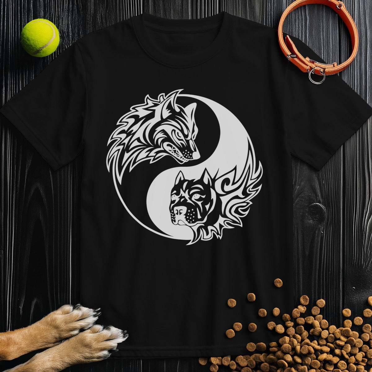 Black Yin-Yang Wolf & Dog T-Shirt with detailed white design. A stylish dog tee shirt crafted from 100% US cotton for comfort and durability.