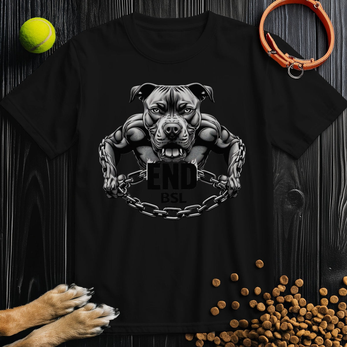 Black Unchained Spirit T-Shirt showcasing fierce Pitbull design with 'End BSL' print, made from eco-conscious US cotton.