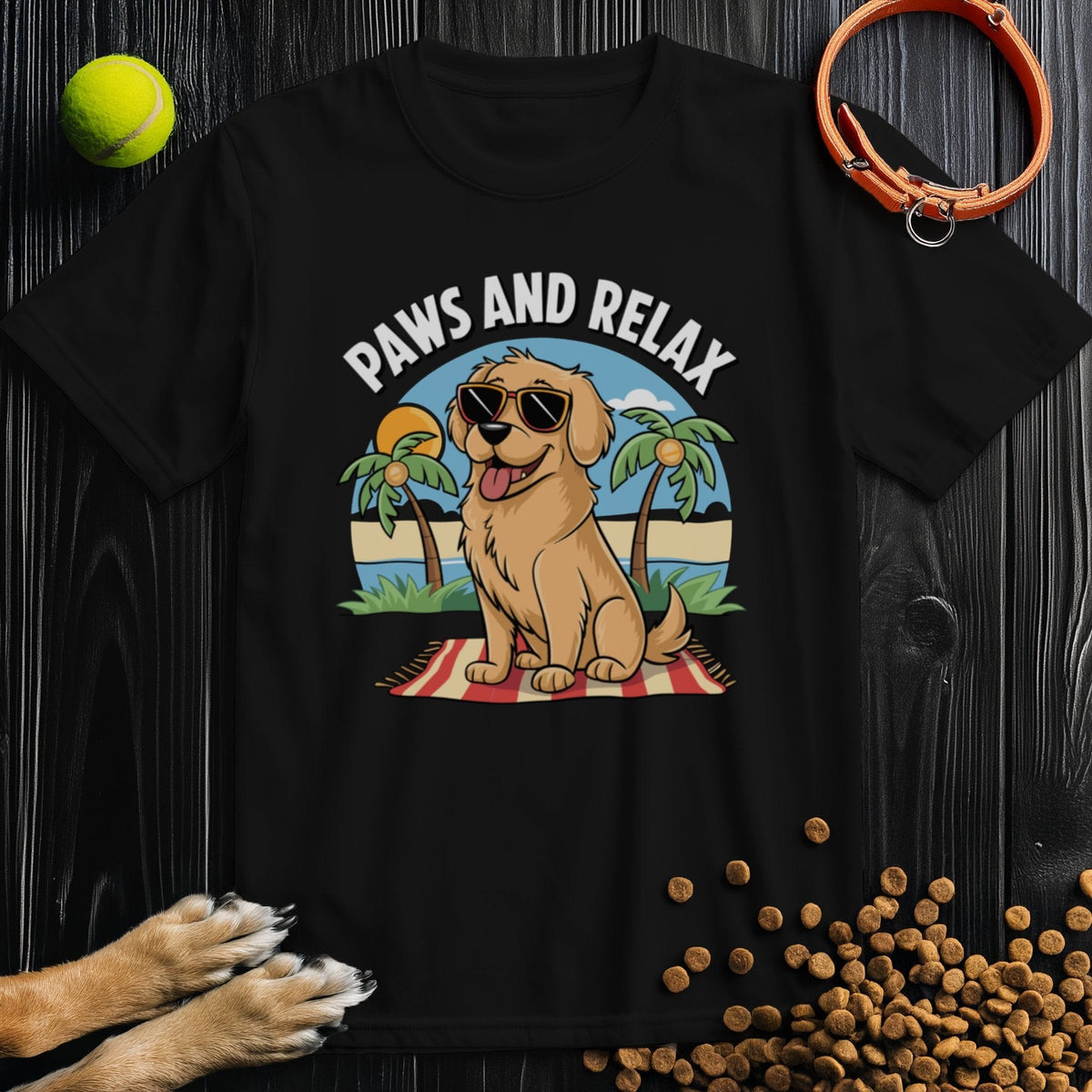Black Pup's Day Off T-Shirt with a beachy dog design and 'Paws and Relax' slogan. Perfect for casual wear in breathable cotton.