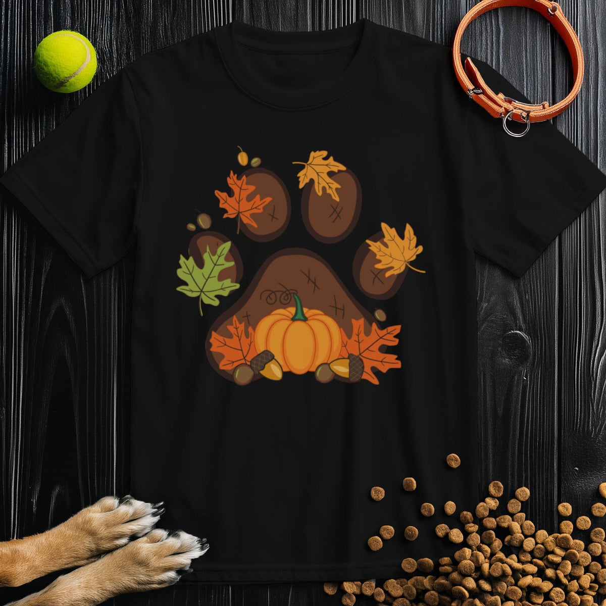 Black dog-themed t-shirt for humans featuring a colorful autumn paw print design, part of the Harvest Paw Prints Collection in 100% US cotton.