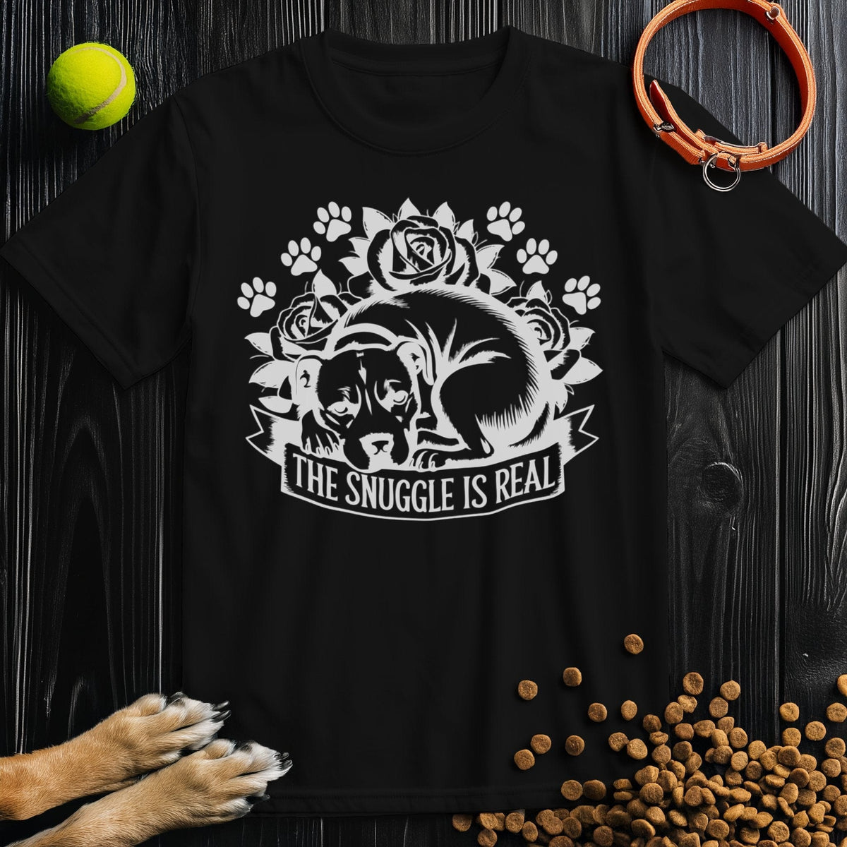 Black Snuggle Is Real T-shirt with dog and floral graphic, crafted from soft 100% cotton, ideal for pet-themed casual wear.