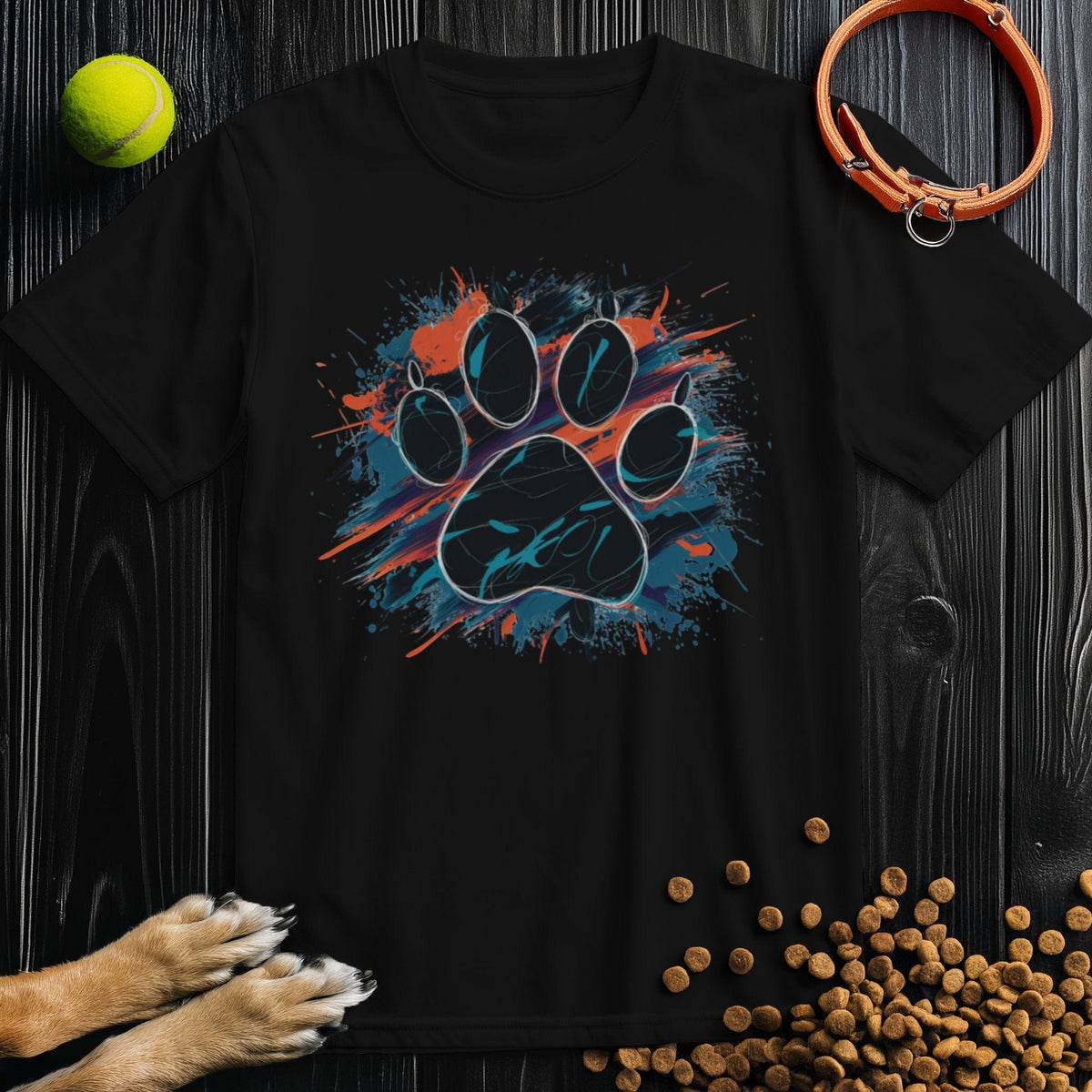 Black Urban Dog Paw Print T-Shirt with vibrant splash paw artwork. Durable and comfy tee from Good Boy Mob Store for pet enthusiasts.