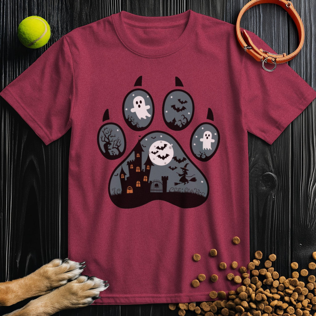 Maroon Wicked Paw Print Tee with a haunted paw design. Stylish and cozy cotton shirt for dog lovers and Halloween fans.