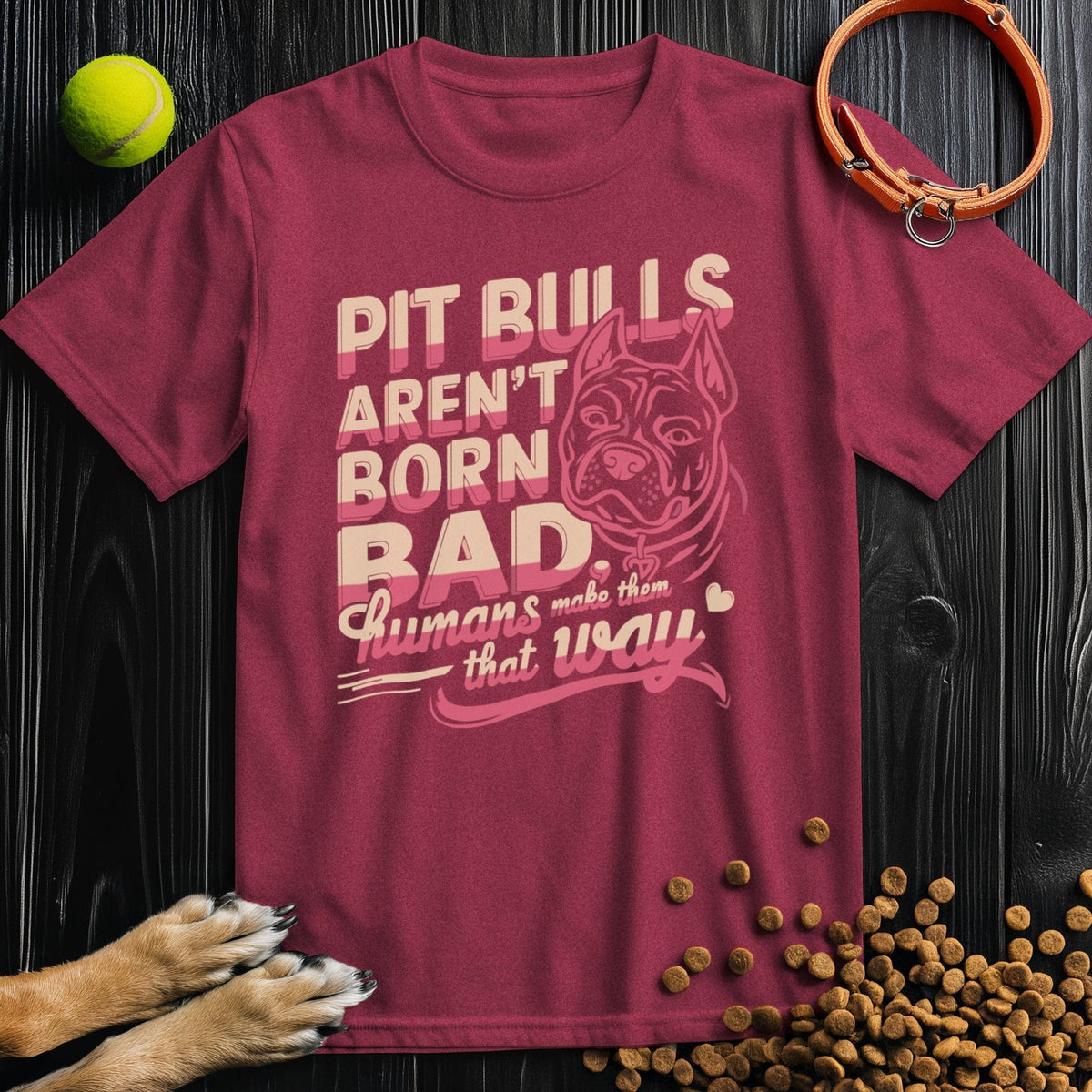 Maroon Pitbull T-Shirt - Not Born Bad with cream and pink graphic, crafted from eco-friendly cotton for a relaxed unisex fit.