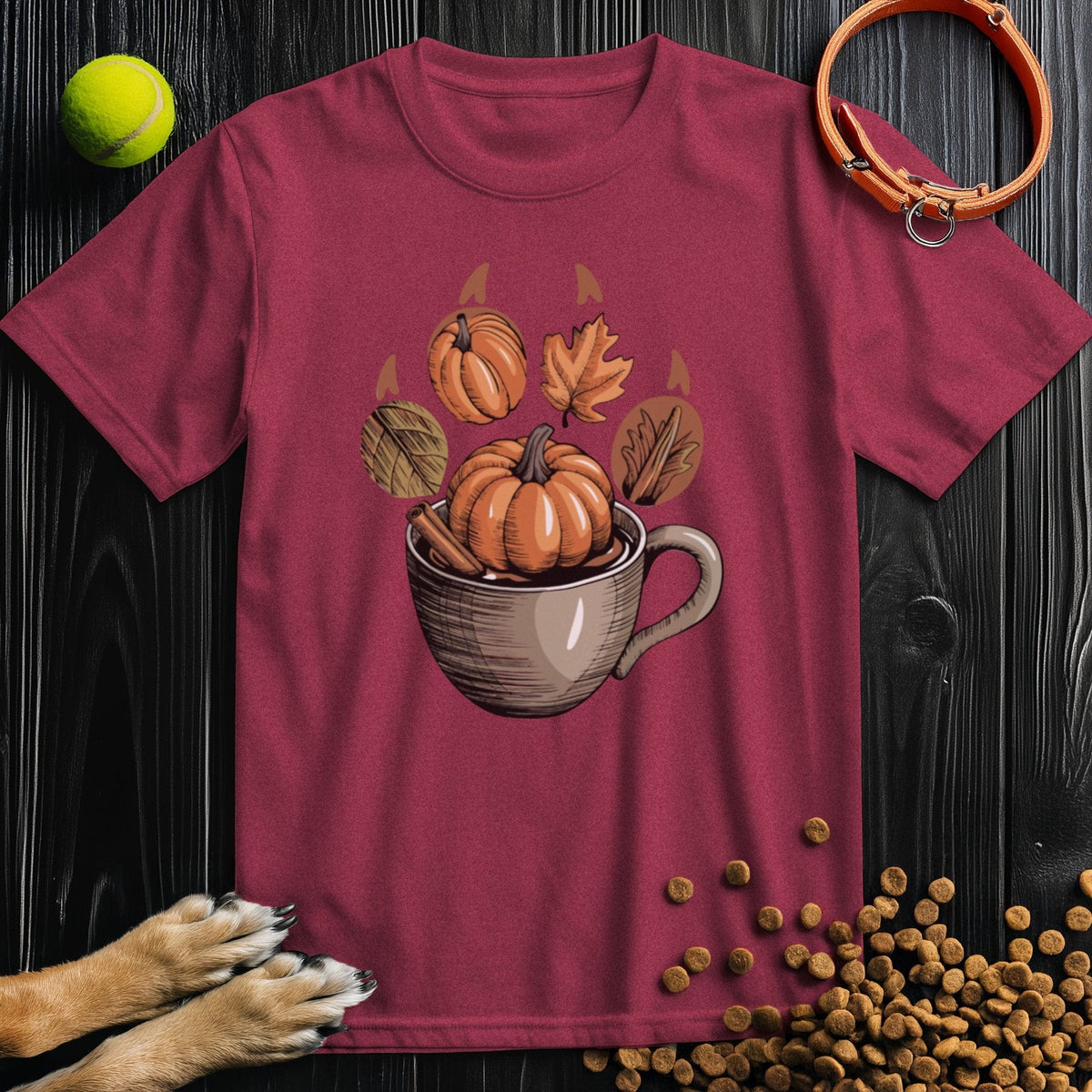 Maroon Autumn Brew Paw Tee with fall pumpkin and leaves graphic, crafted from ethical 100% cotton for autumn-ready comfort.
