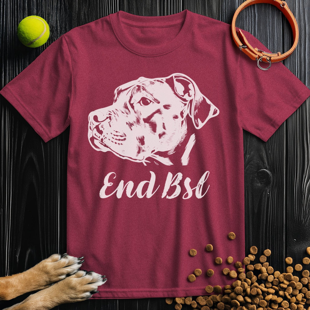 Maroon Pitbull Dog T-Shirt with 'End BSL' message, crafted from 100% cotton for comfort and advocacy in men's and women's fashion.