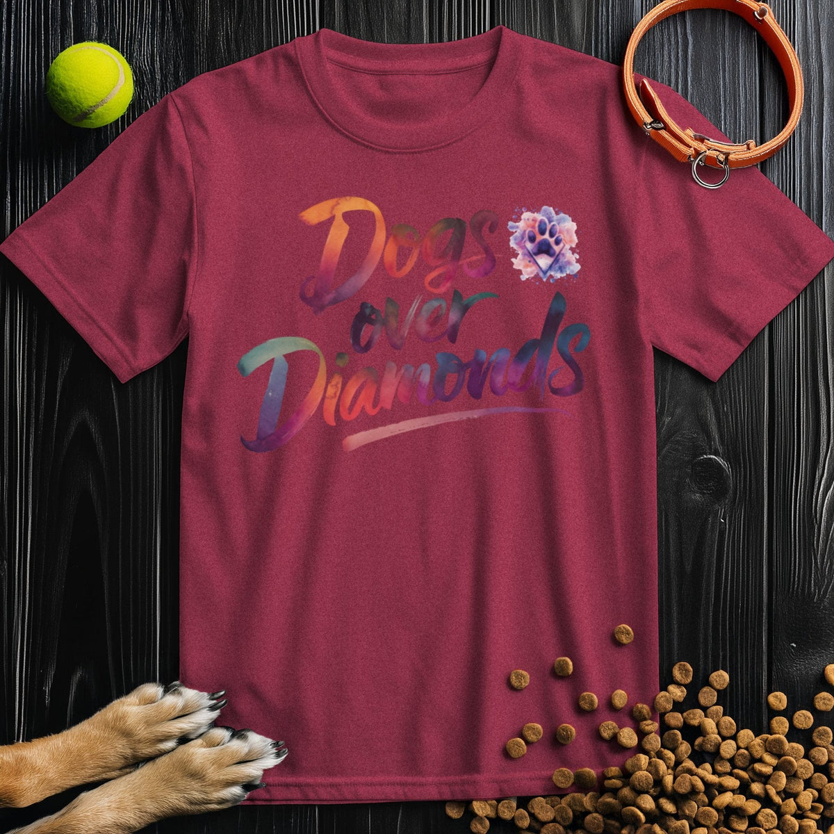 Red Dogs Over Diamonds Watercolor Tee with bold multicolor text and paw print, unisex cotton shirt for dog fans and casual fashion.