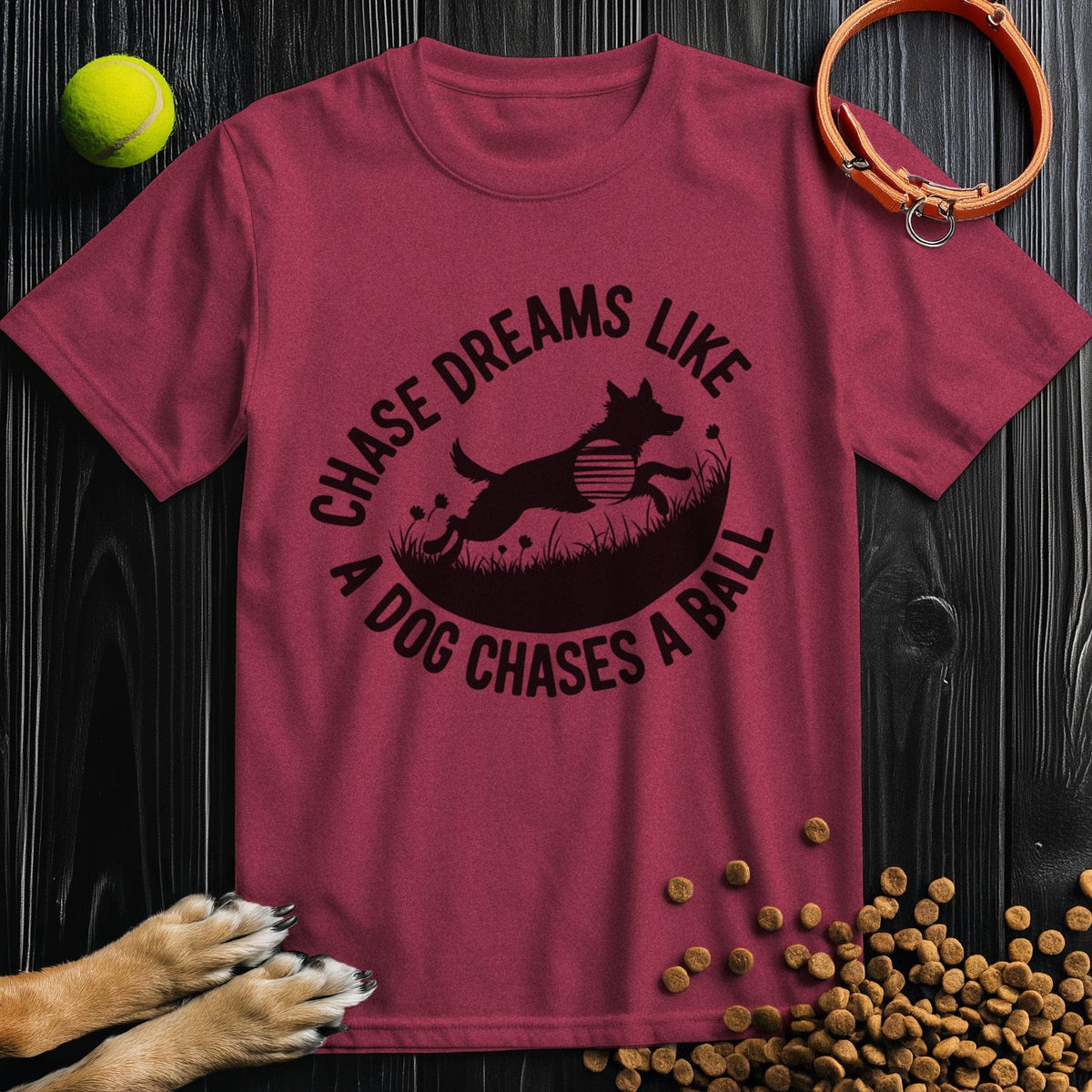 Maroon Chase Dreams T-Shirt featuring a dog silhouette and quote. Crew neck cotton shirt great for summer and pet-themed outfits.