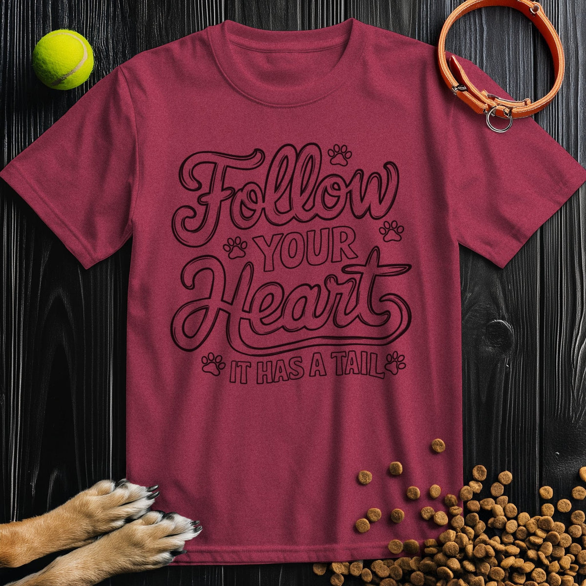 Maroon t-shirt with playful 'Follow Your Heart It Has A Tail' slogan, perfect for dog enthusiasts. Made from 100% ring-spun cotton.
