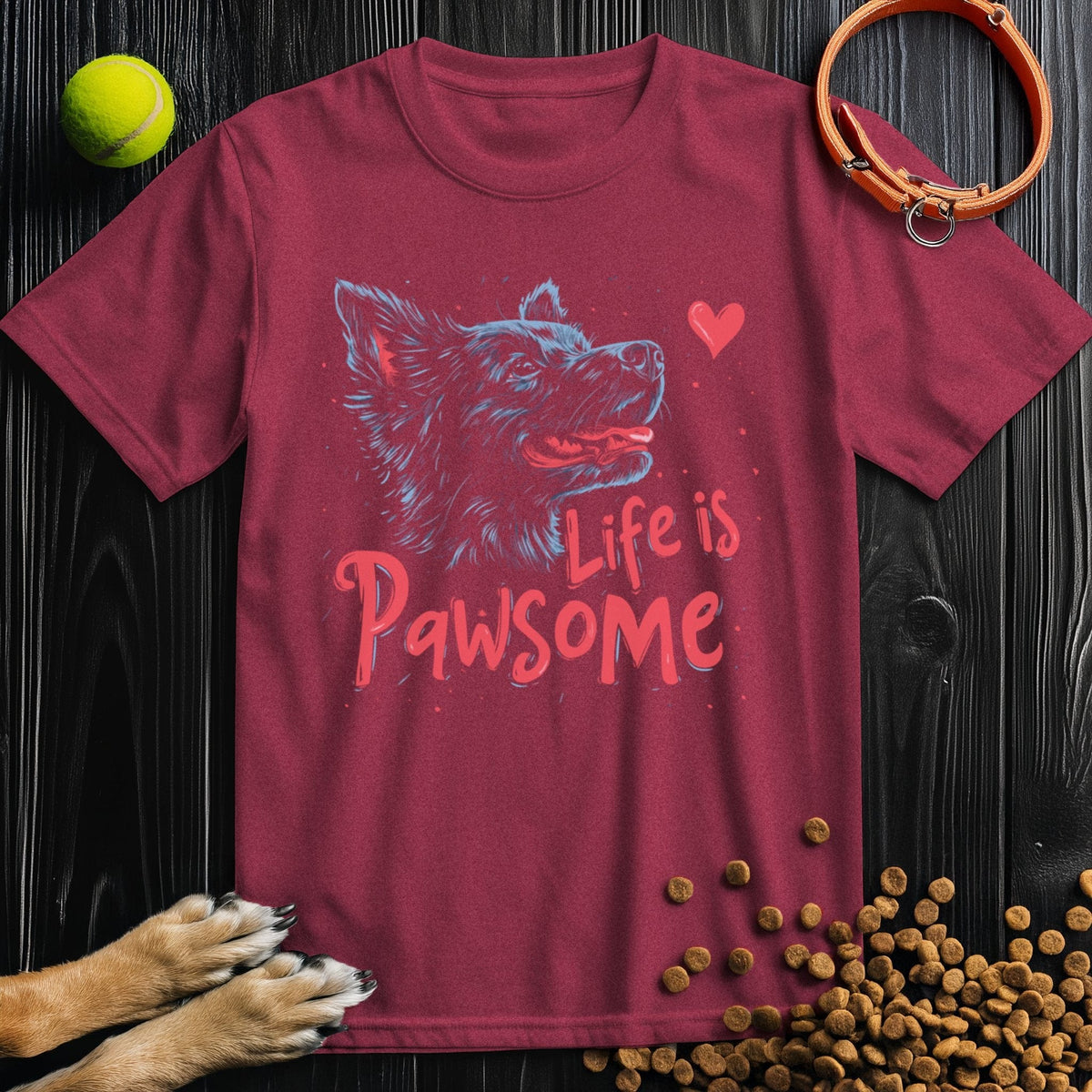 Maroon Life Is Pawsome T-Shirt with bold dog artwork and red text. Unisex cotton tee, great for dog fans and everyday wear.
