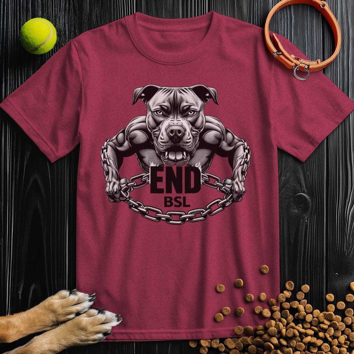 Maroon Unchained Spirit T-Shirt displaying muscular Pitbull and 'End BSL' message, made from breathable, eco-conscious cotton.