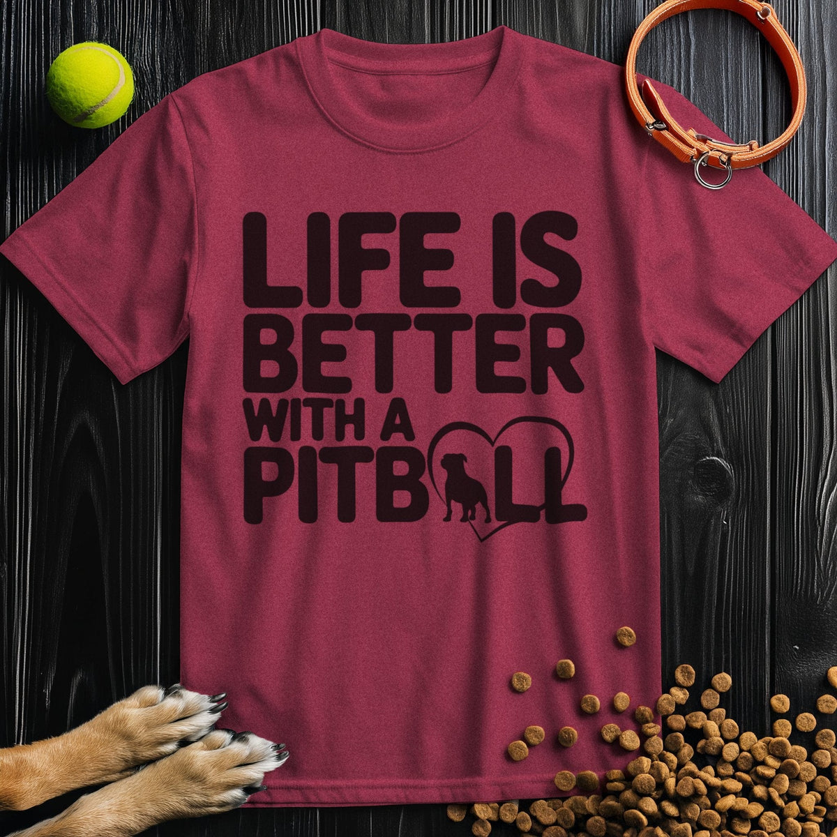 Maroon Pitbull T-Shirt with bold black text and silhouette design. Comfortable ring-spun cotton tee for dog lovers and casual wear.