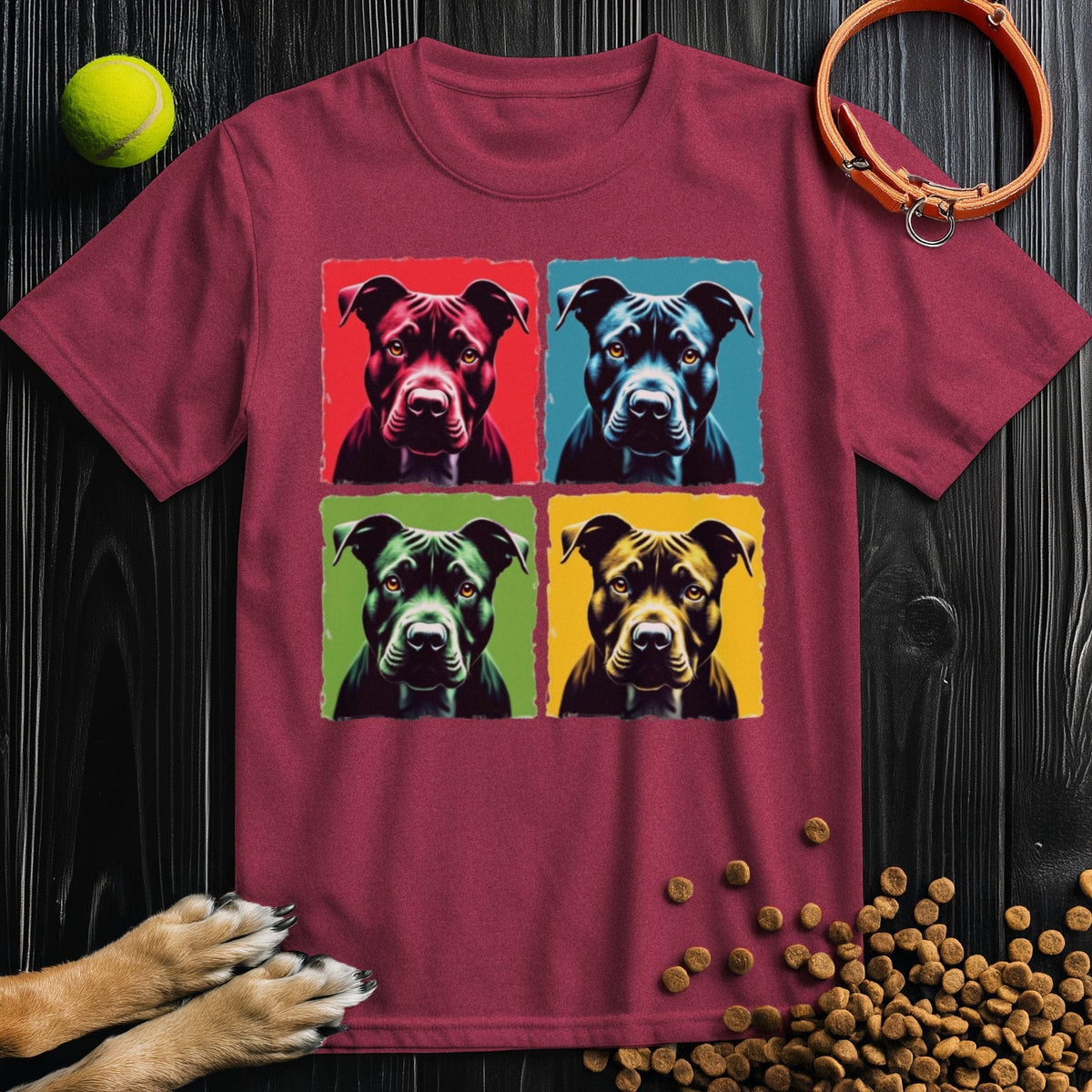 Maroon Pittie Pop Art T-Shirt with colorful dog portraits. Ethical and comfy cotton tee for pet lovers and pop art fans.