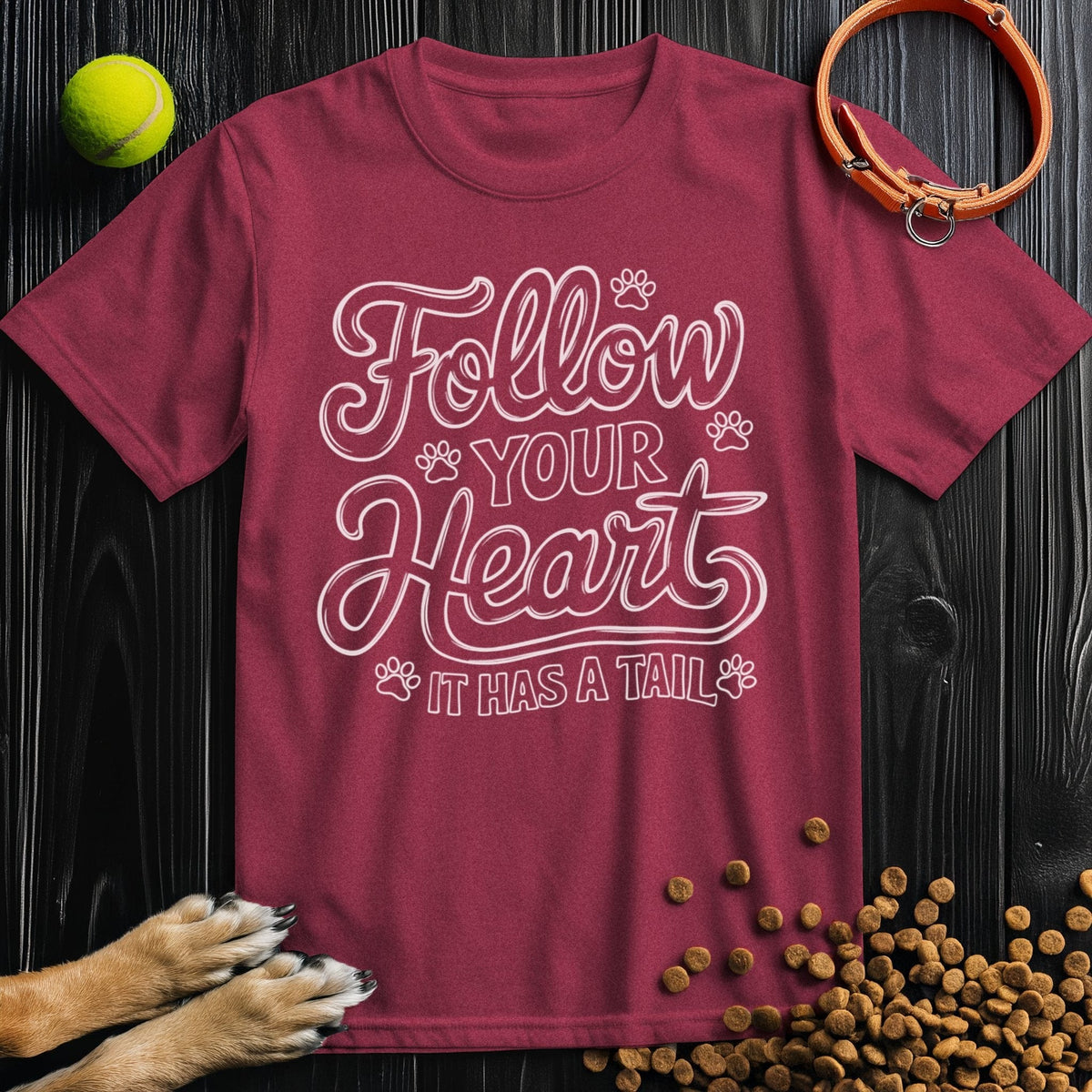 Maroon Dog Lover T-Shirt showcasing 'Follow Your Heart It Has A Tail' message, ethically made from soft cotton for pet lovers.