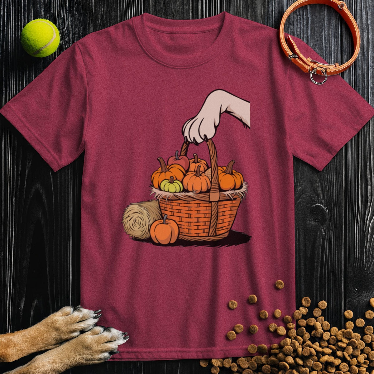 Maroon Autumn Paw Picking T-Shirt with pumpkin basket design. Great cotton tee for dog lovers and seasonal fashion.