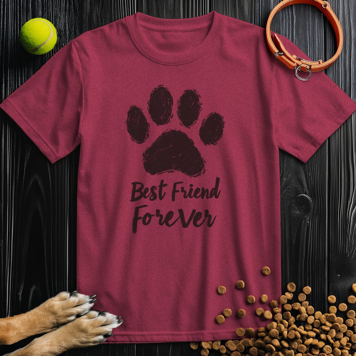 Maroon Forever Black T-Shirt with black paw print and 'Best Friend Forever' lettering. Comfortable cotton tee for best friend gift ideas.