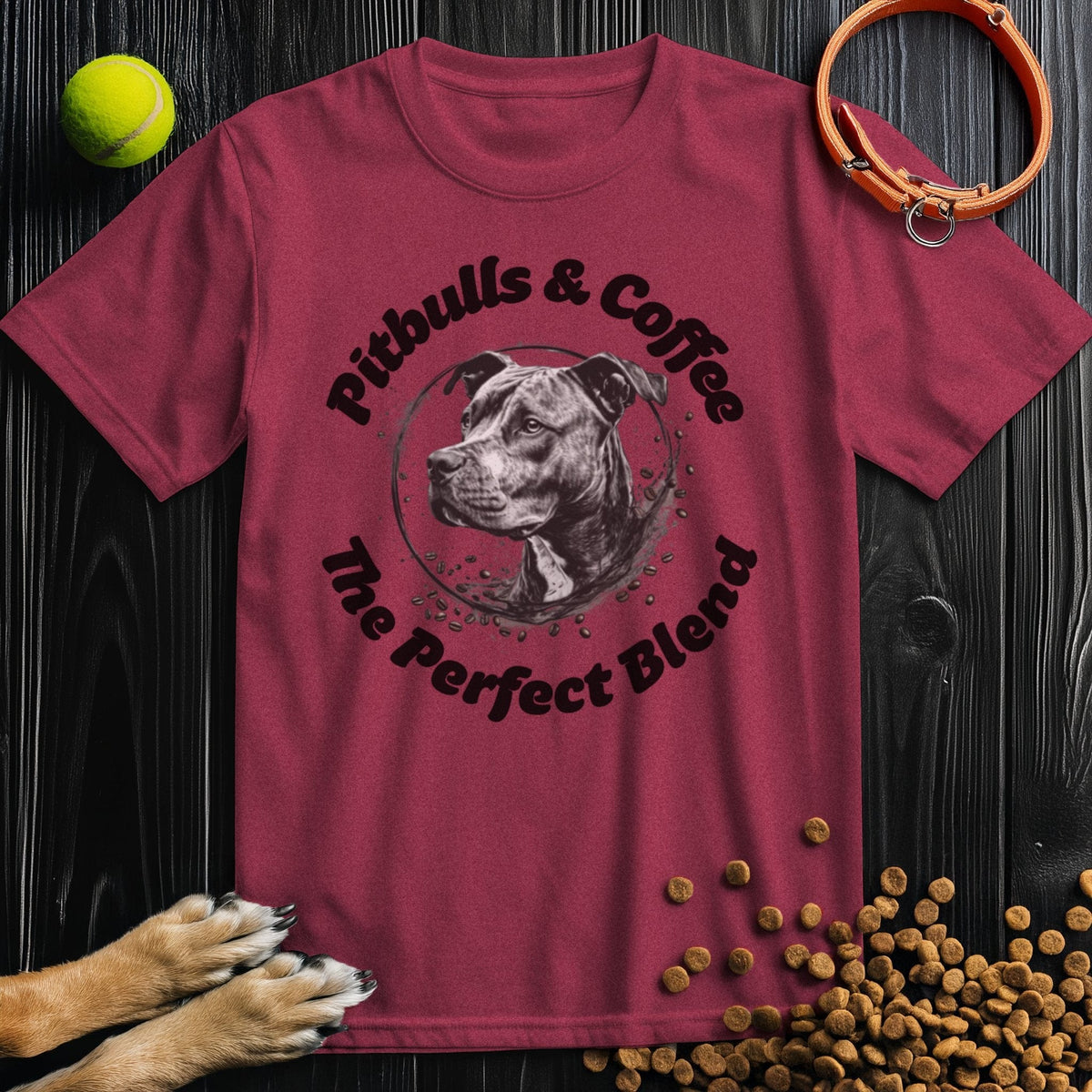 Maroon Pitbull T Shirt featuring a pitbull face in a coffee ring design. Trendy gift for coffee drinkers and dog lovers alike.