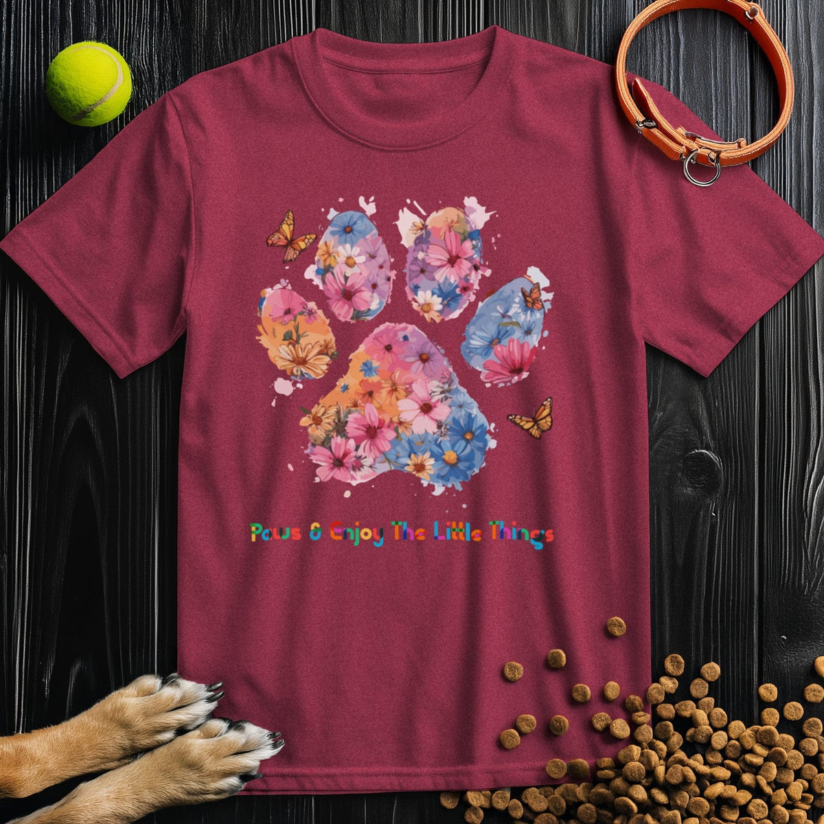 Maroon Paws & Enjoy Dog Watercolor Shirt with floral paw design and butterflies, regular fit cotton tee for stylish dog lovers and casual outfits.