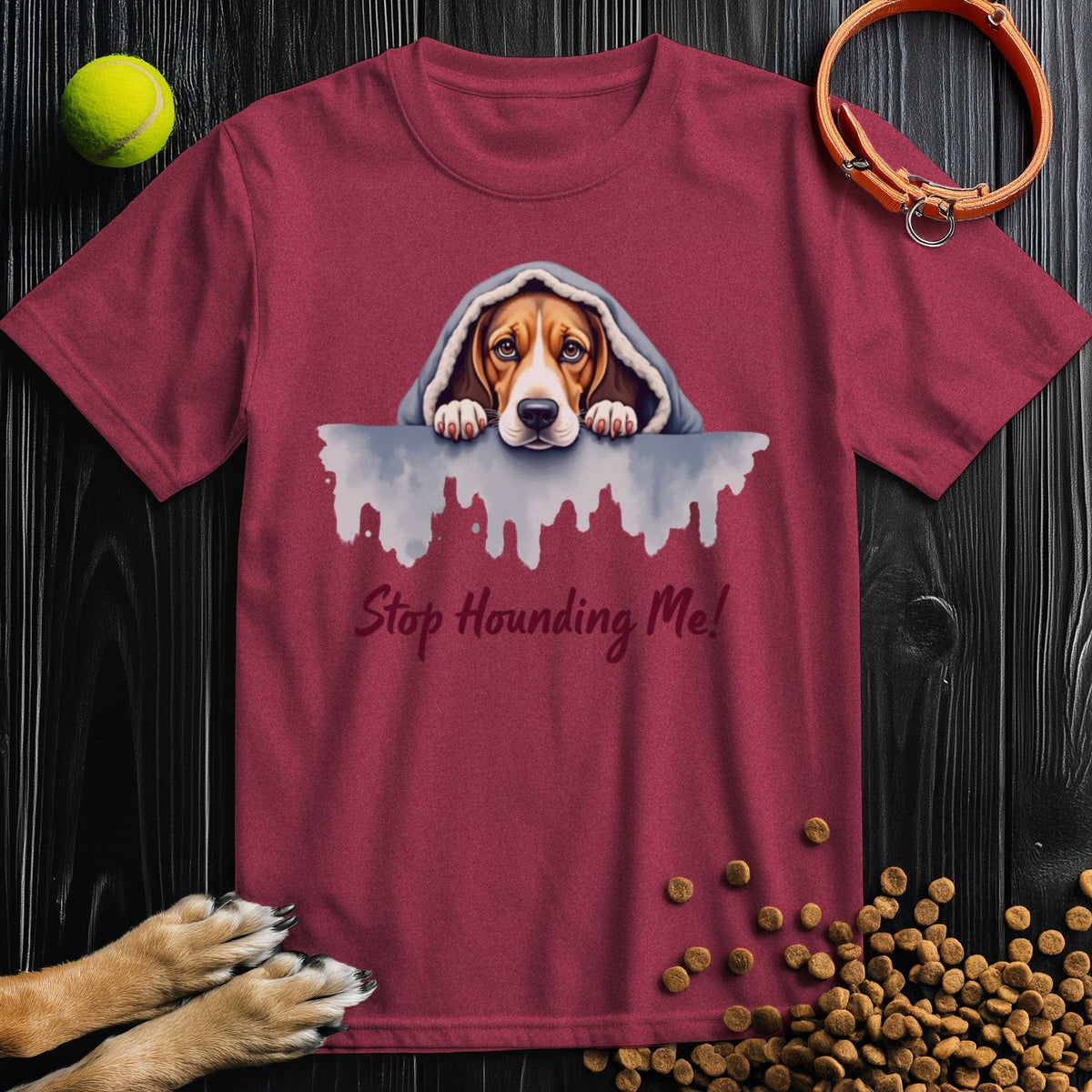 Maroon Stop Hounding Me T-Shirt with a watercolor dog illustration. Soft cotton shirt ideal for pet lovers and casual outfits.