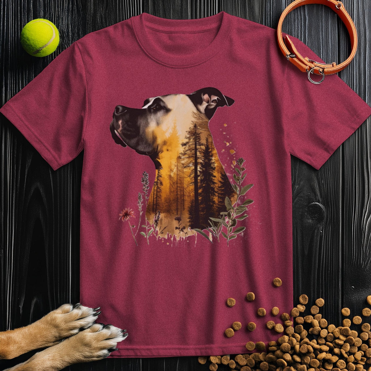 Maroon Nature's Sentry Pitbull Dog T-Shirt featuring a forest silhouette pitbull design, breathable cotton, ideal for everyday use.