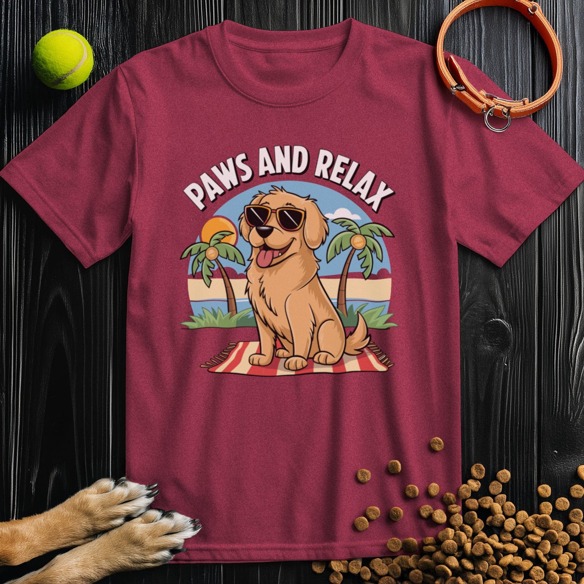 Pup's Day Off Tee in maroon featuring a cartoon dog lounging with sunglasses under palm trees. Made from 100% US cotton for dog lovers.