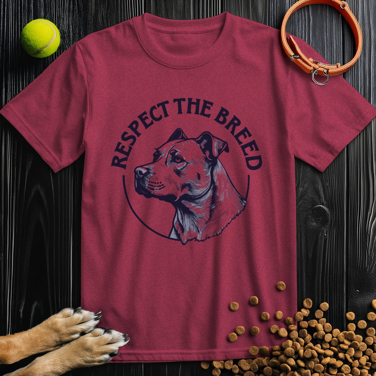 Maroon Respect the Breed T-Shirt with bold dog artwork and text. 100% cotton unisex tee designed for dog lovers and casual wear.