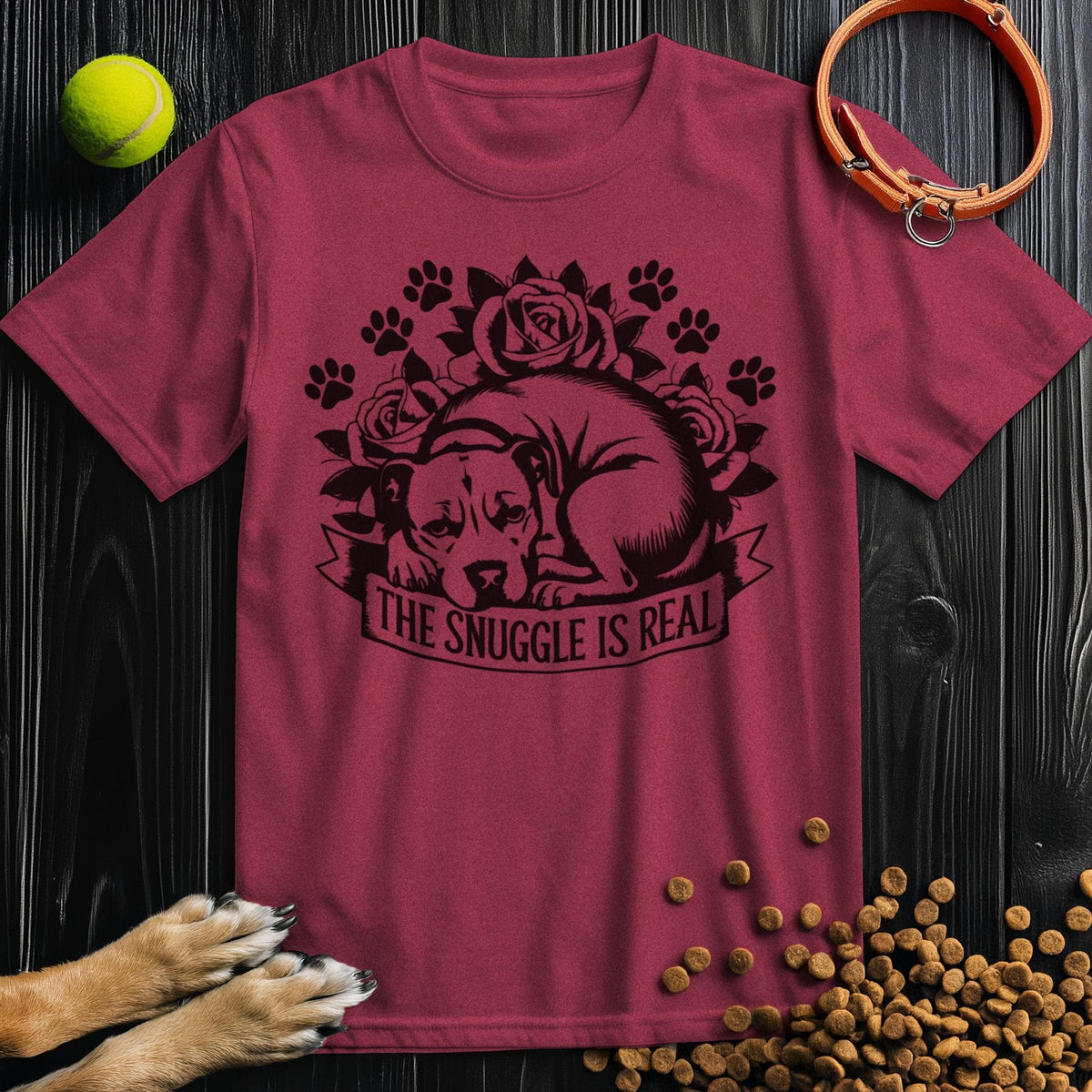Snuggle Is Real Black T-Shirt in maroon with a dog-themed print, combining comfort and charm in a cotton regular fit tee.
