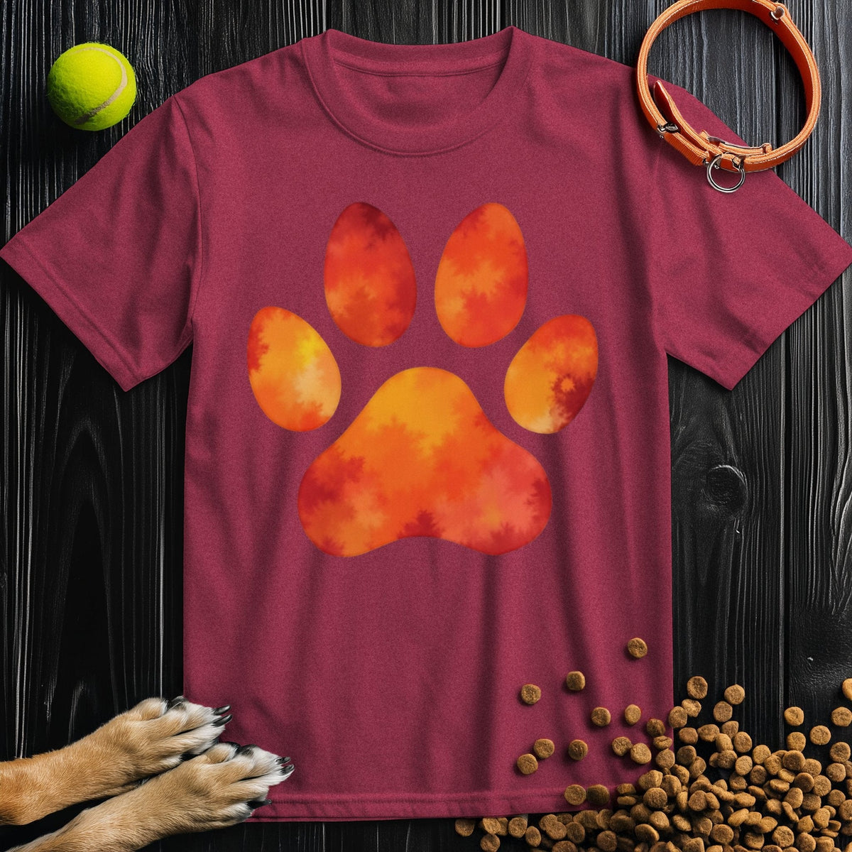 Dog Themed Shirts - Autumn Blaze Paw in maroon cotton with fiery orange paw print. Unisex fit perfect for dog lovers and casual wear.