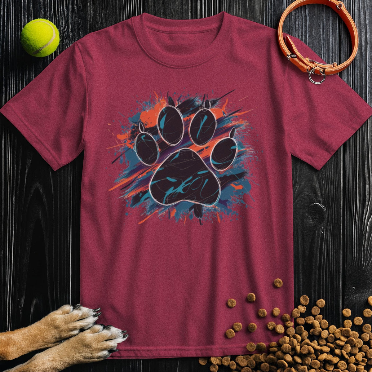 Maroon Urban Dog Paw Print T-Shirt featuring bold splash paw graphic. Trendy unisex tee from Good Boy Mob for dog lovers.