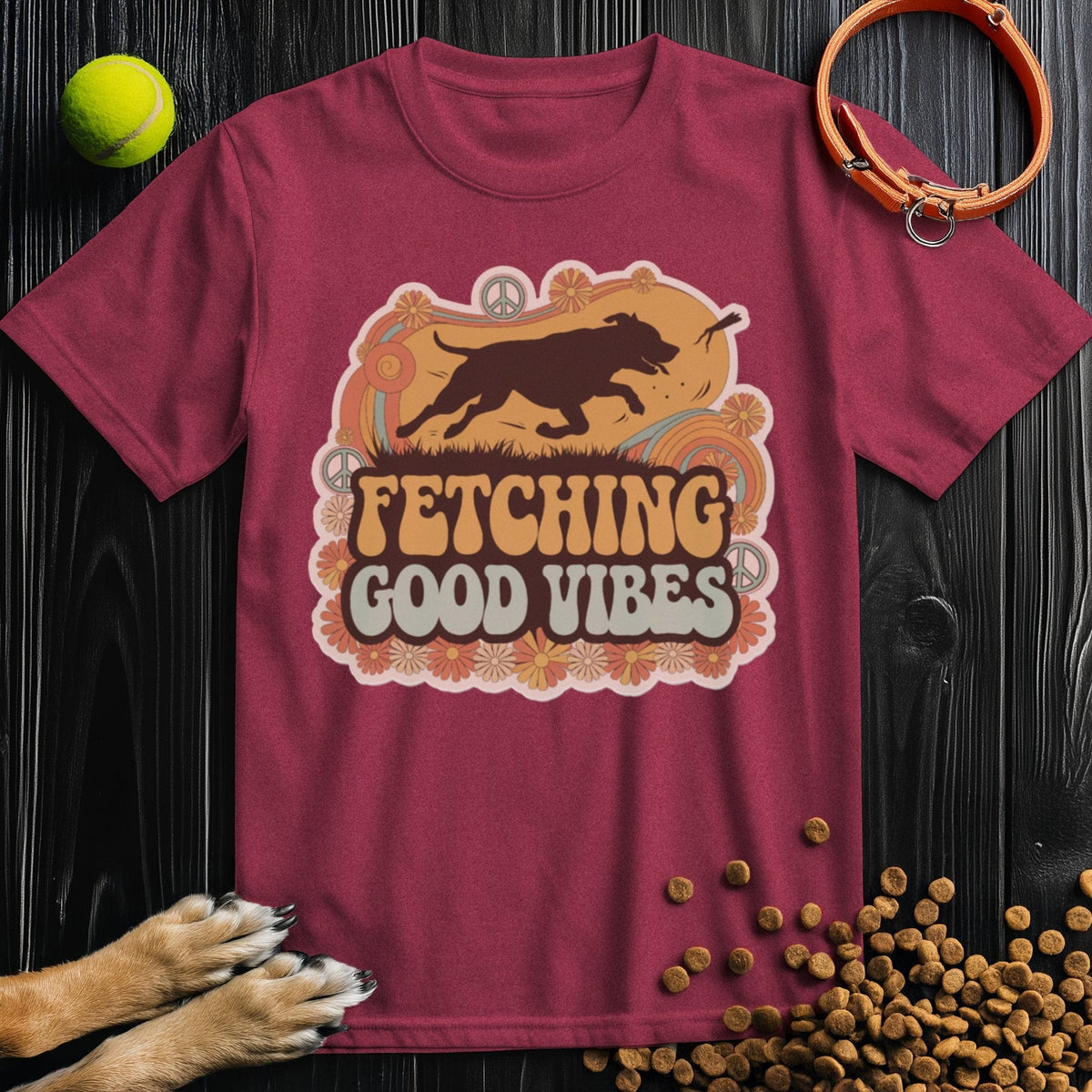 Maroon Good Vibes T-Shirt with dog fetch graphic, made from soft ethical cotton. A stylish pick for dog lovers and summer wear.