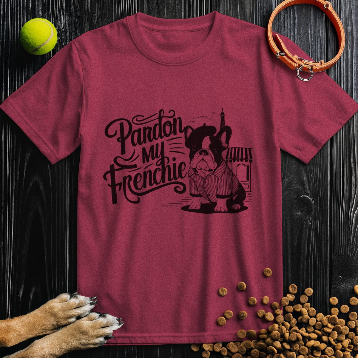 Maroon 'Pardon My Frenchie' t-shirt featuring a cartoon French Bulldog. Great gift for dog lovers from Good Boy Mob.