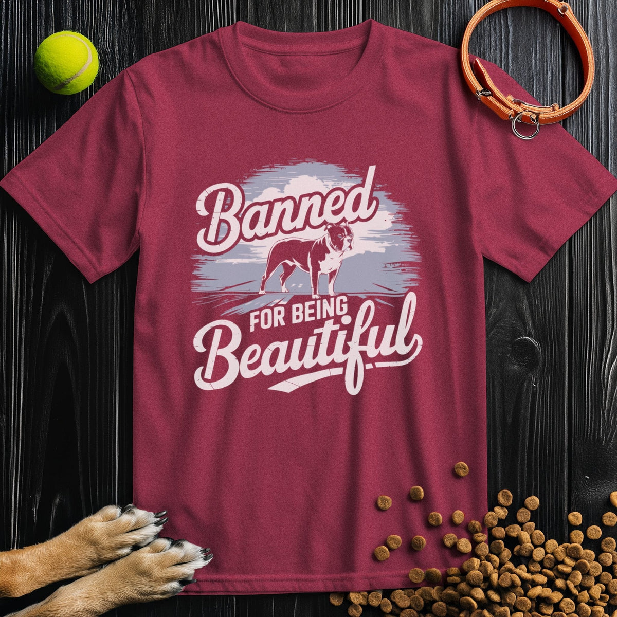 Maroon Banned & Beautiful Pitbull T-Shirt featuring a bold pitbull graphic and slogan, ideal for dog lovers and casual fashion.