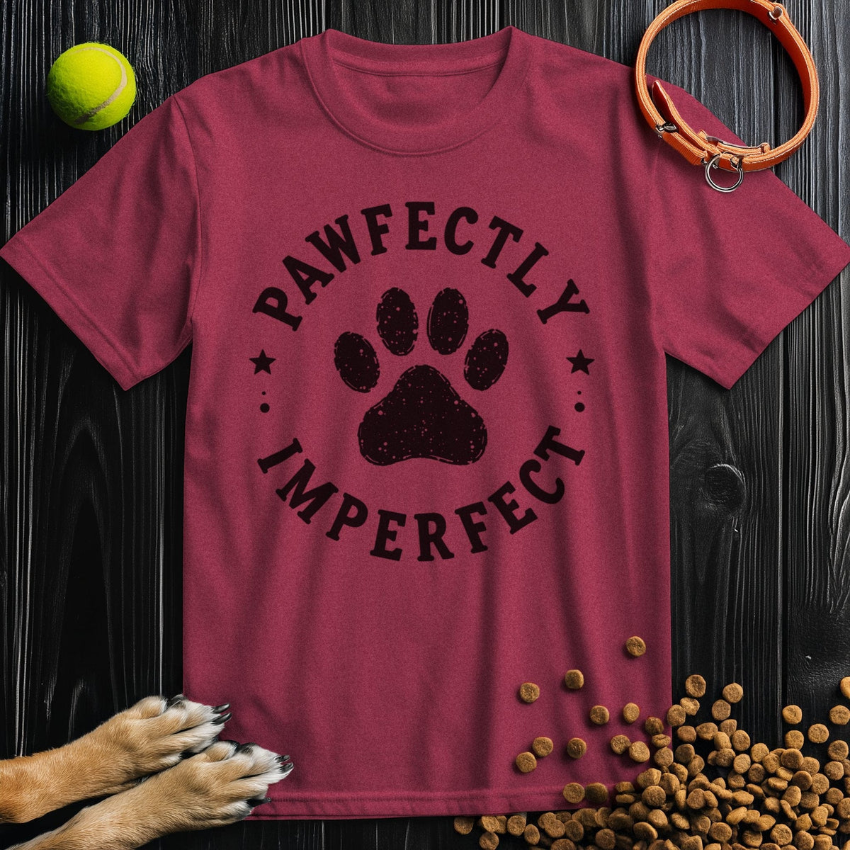 Maroon dog theme t-shirt with bold 'Pawfectly Imperfect' badge. Made from ethical cotton, ideal for casual wear and pet lovers.
