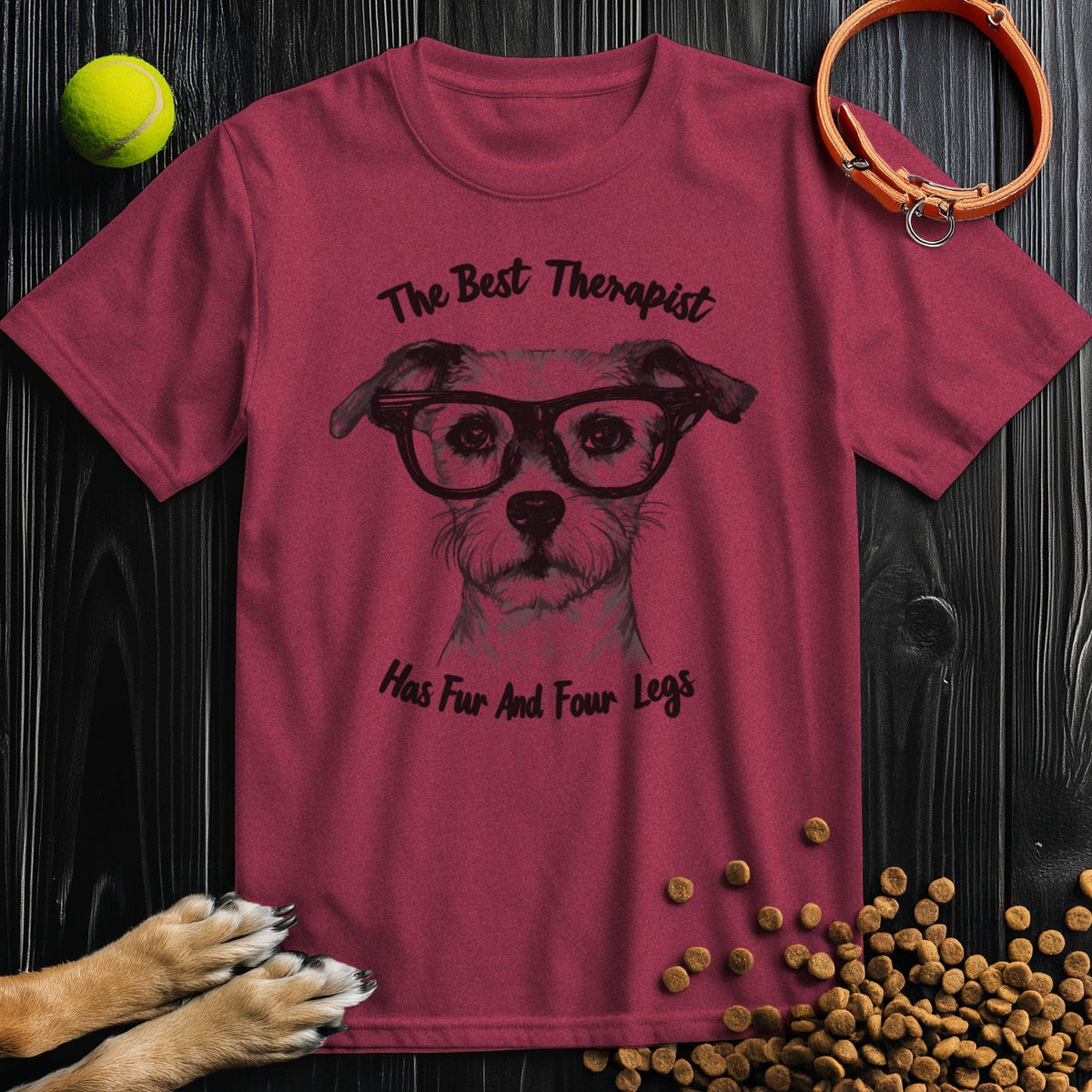 Maroon T-shirt with dog wearing glasses and playful therapy quote. Crew neck cotton tee, perfect for pet owners and TikTok fashion trends.