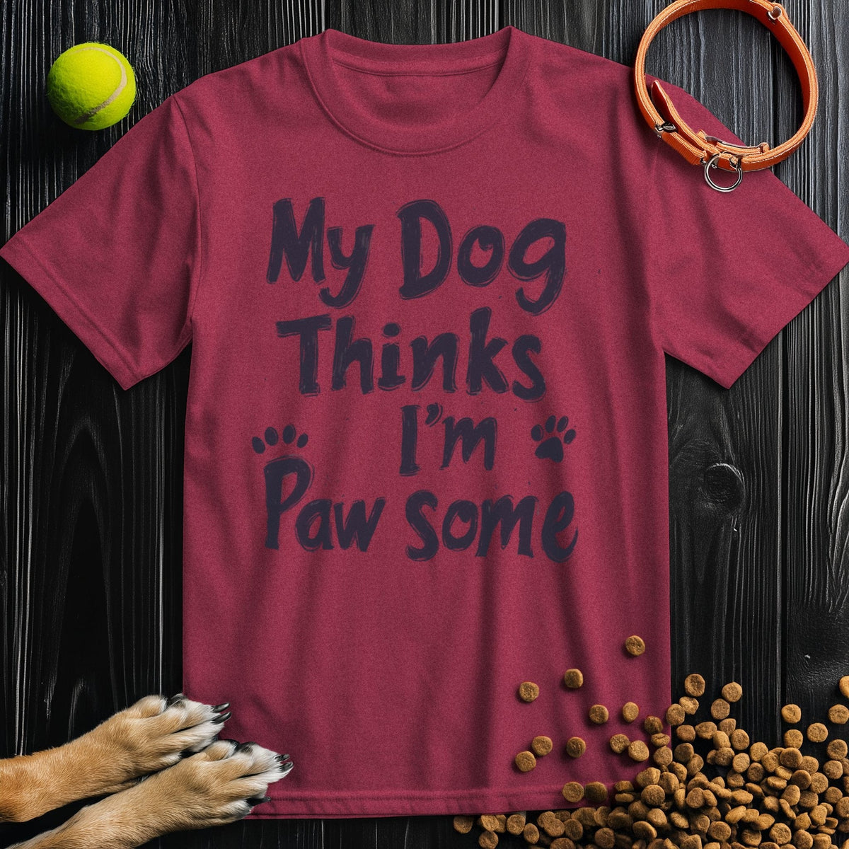 Red Pawsome T-Shirt with 'My Dog Thinks I'm Pawsome' text, a cozy cotton tee for dog lovers and casual wear enthusiasts.