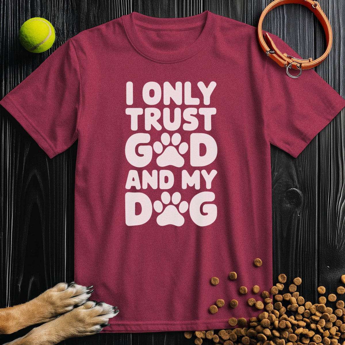 Maroon Dog and God T-Shirt with white paw print design, 100% cotton fabric, a trendy and comfy pick for pet lovers' wardrobes.