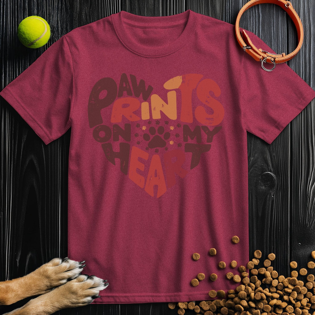 Maroon Paw Print Heart T-Shirt featuring a bold heart-shaped dog print. Comfortable and stylish for dog lovers year-round.