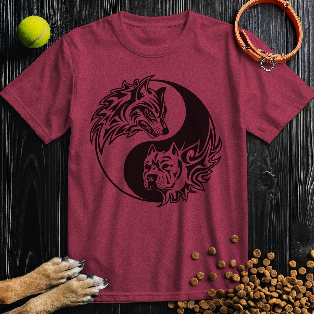 Maroon Yin-Yang Wolf & Dog T-Shirt featuring black wolf and dog yin-yang print. Cotton tee perfect for dog lovers and casual wear enthusiasts.