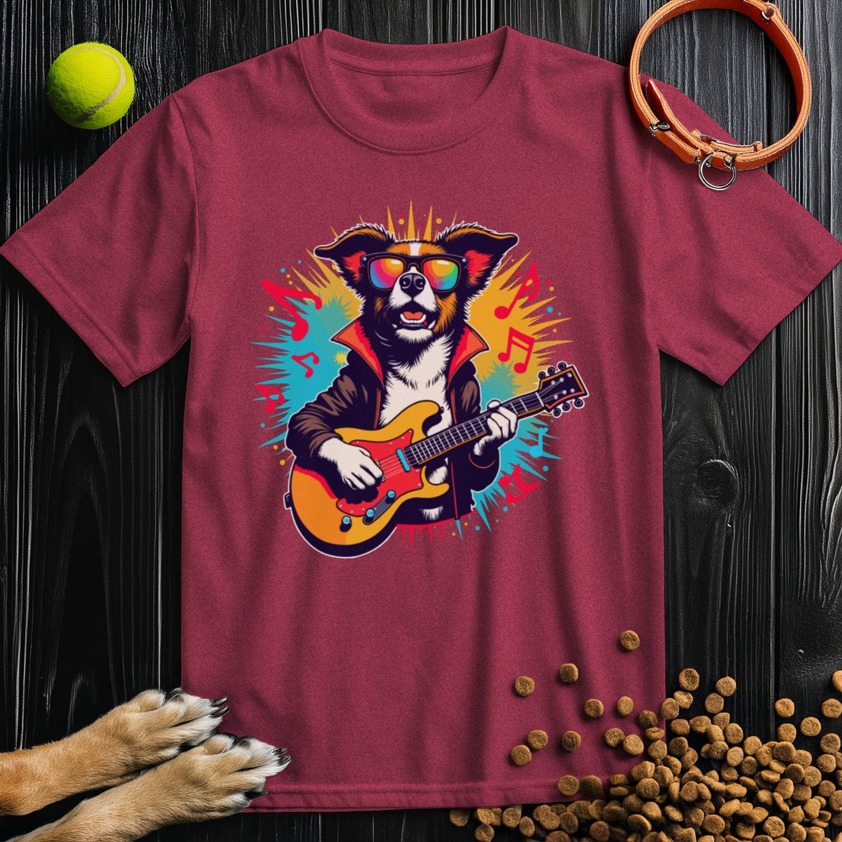 Maroon T-shirt with energetic dog playing guitar artwork, perfect for expressing love for pets and rock music. Made for comfort and style.