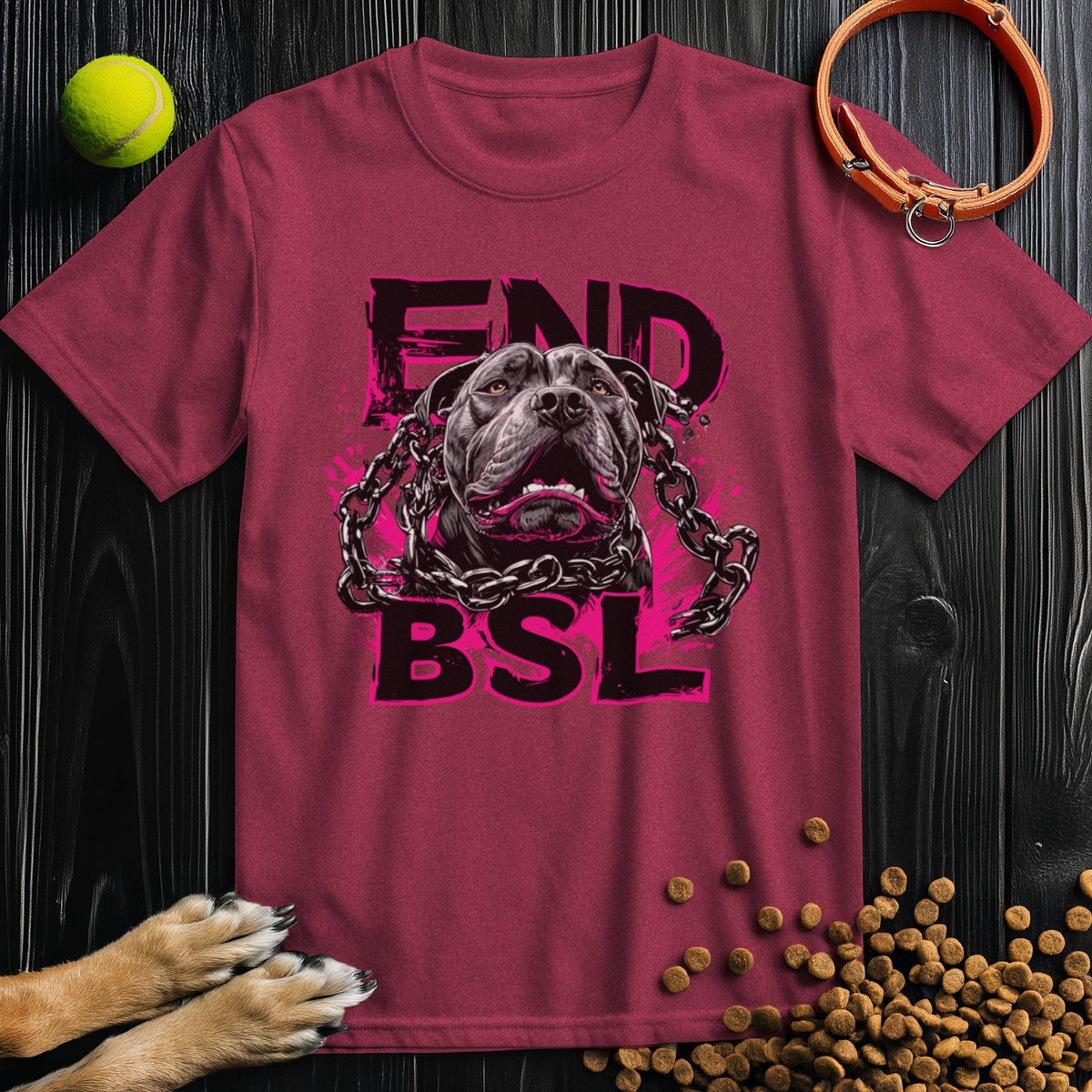 Maroon End BSL T-shirt featuring pit bull and broken chains in pink. Regular fit, DTG printed on ethical US cotton for bold statements.