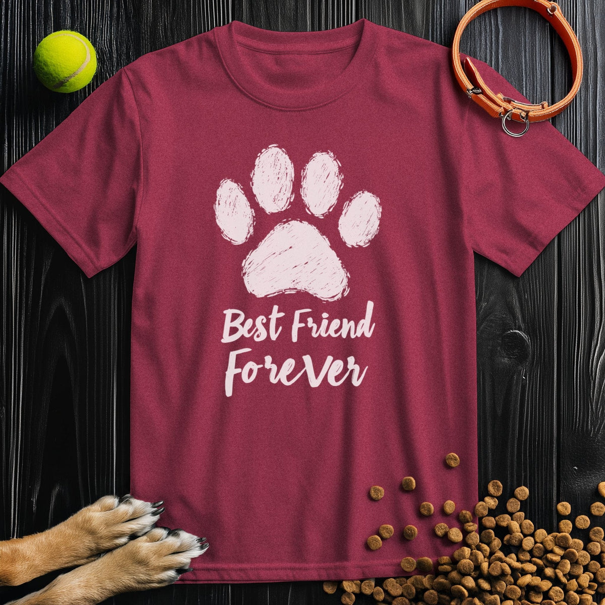 Maroon BFF white t-shirt with paw print and 'Best Friend Forever' design. Ethical cotton dog theme shirt for everyday style.