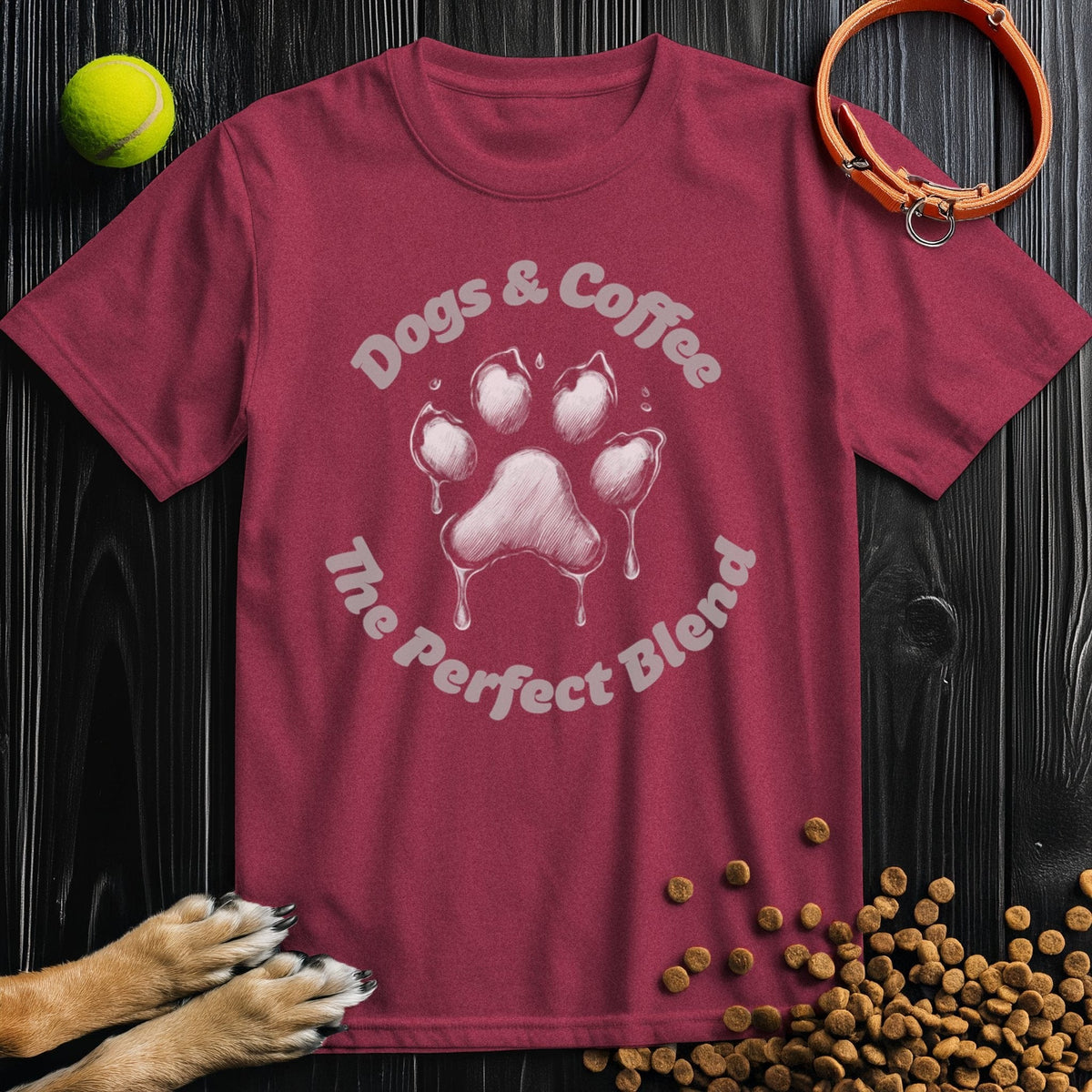 Maroon Dogs & Coffee Tee Shirt with standout paw print and slogan, ideal for pet fans. 100% cotton crew neck by Good Boy Mob.