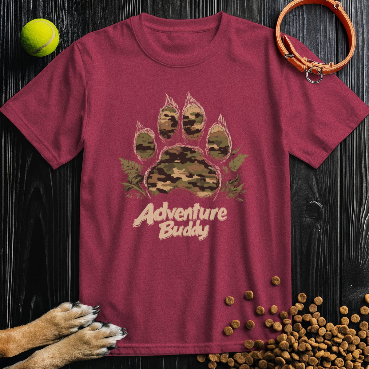 Maroon Camo Paw Adventure T-Shirt with camo paw design and 'Adventure Buddy' slogan, regular fit cotton shirt for dog lovers.