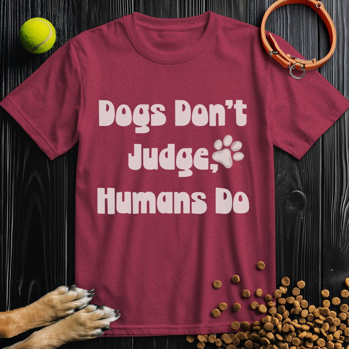 Maroon Ethical Dog TShirt with paw print and bold message, made from soft, breathable cotton, great for year-round comfort.