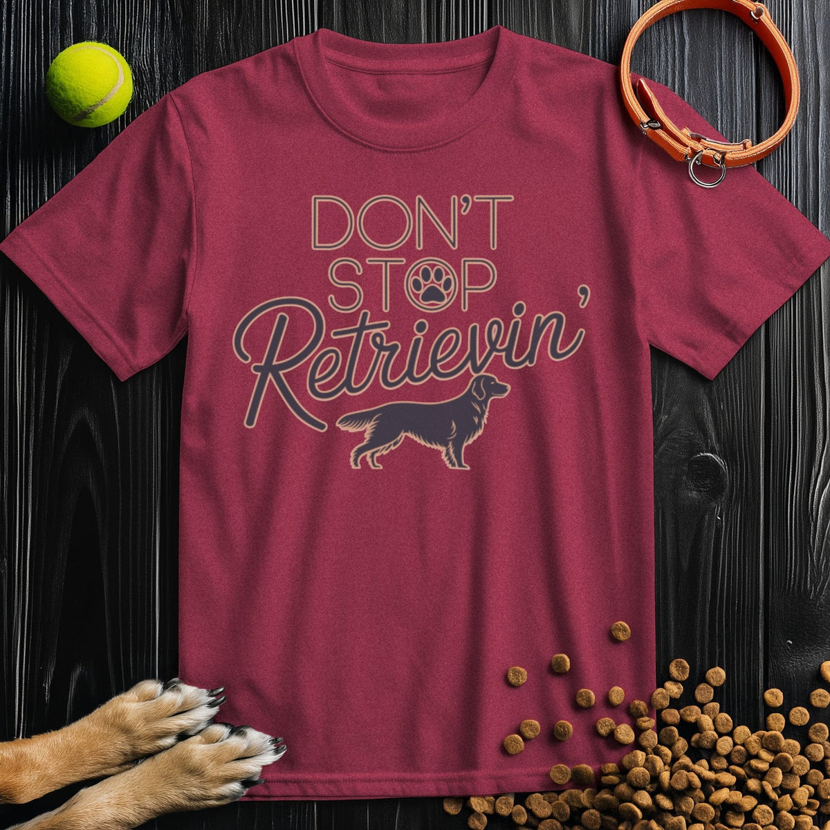 Golden Vibes T-Shirt - Retriever Shirt in maroon with fun retriever print. Regular fit cotton tee for men and women who love dogs.