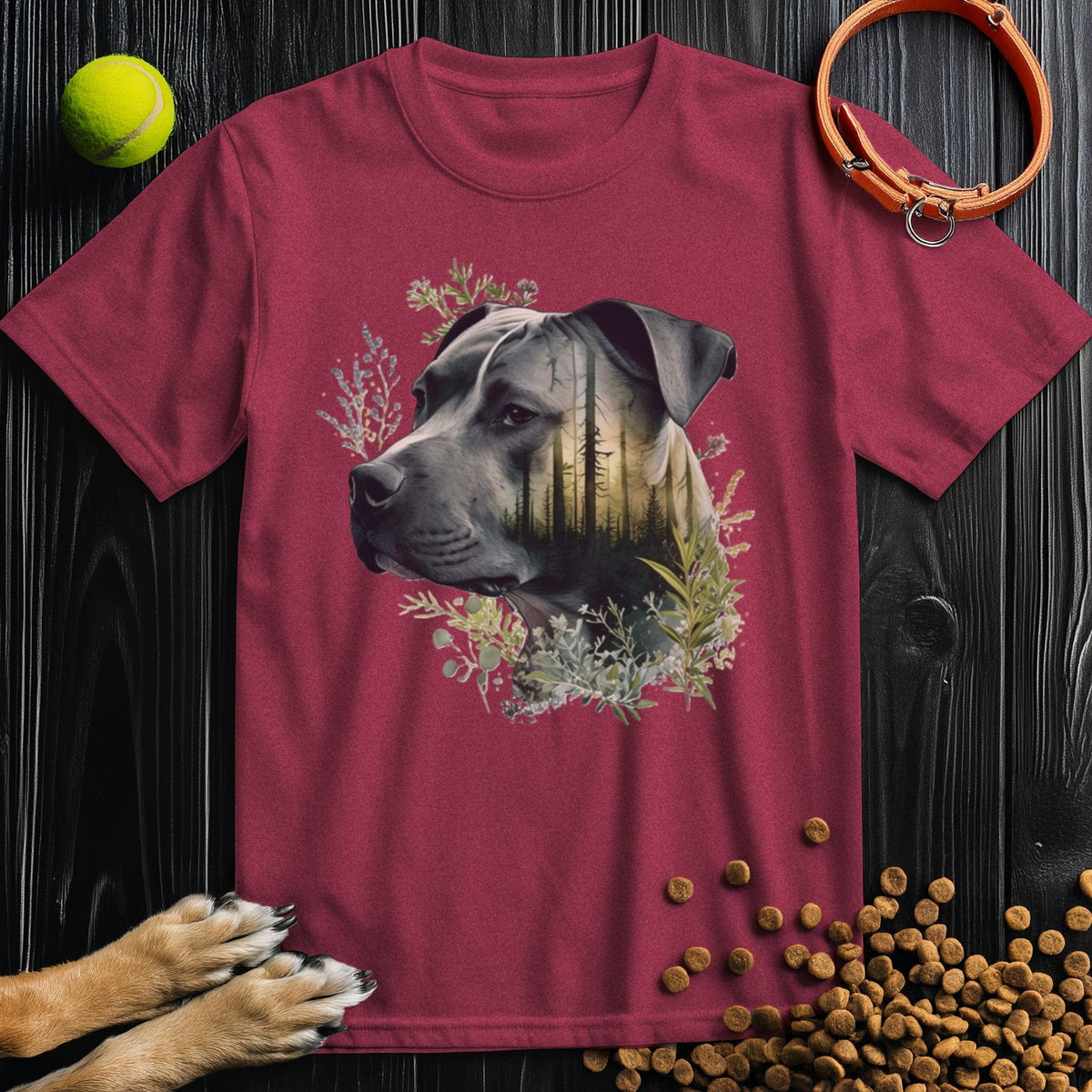 Maroon Pitbull Dog T-Shirt - Forest Dreamer tee with serene forest-themed Pitbull print, ideal for dog enthusiasts and nature fans.