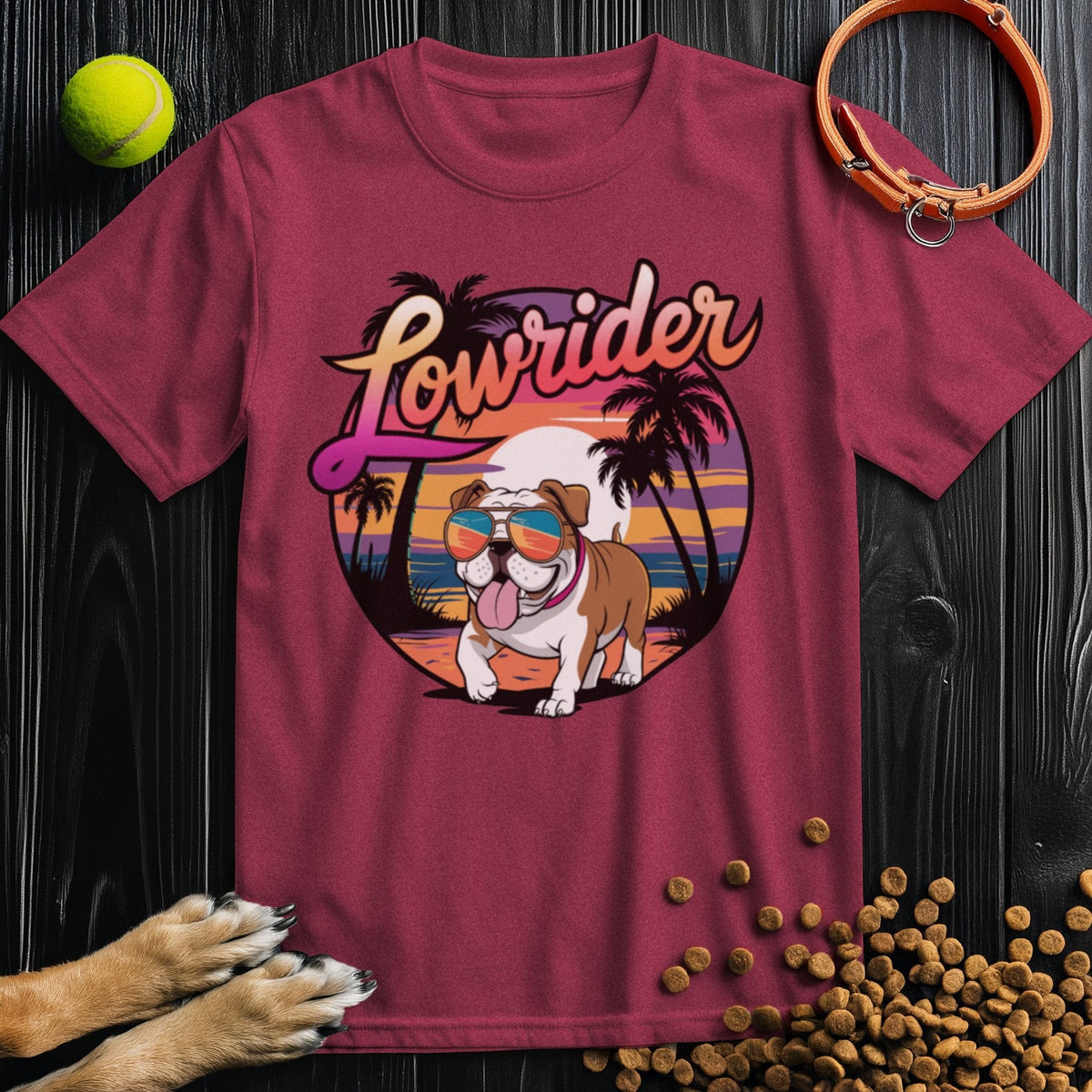 Maroon Lowrider Bulldog Sunset Tee with retro-style bulldog and sunset artwork. Regular fit cotton shirt great for pet lovers and trendsetters.