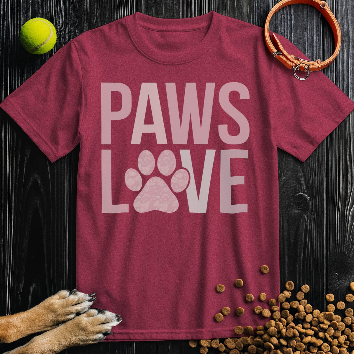 Maroon Paws Love T-Shirt with pink paw graphic. Regular fit cotton tee for pet lovers, ethically made and perfect for casual wear.