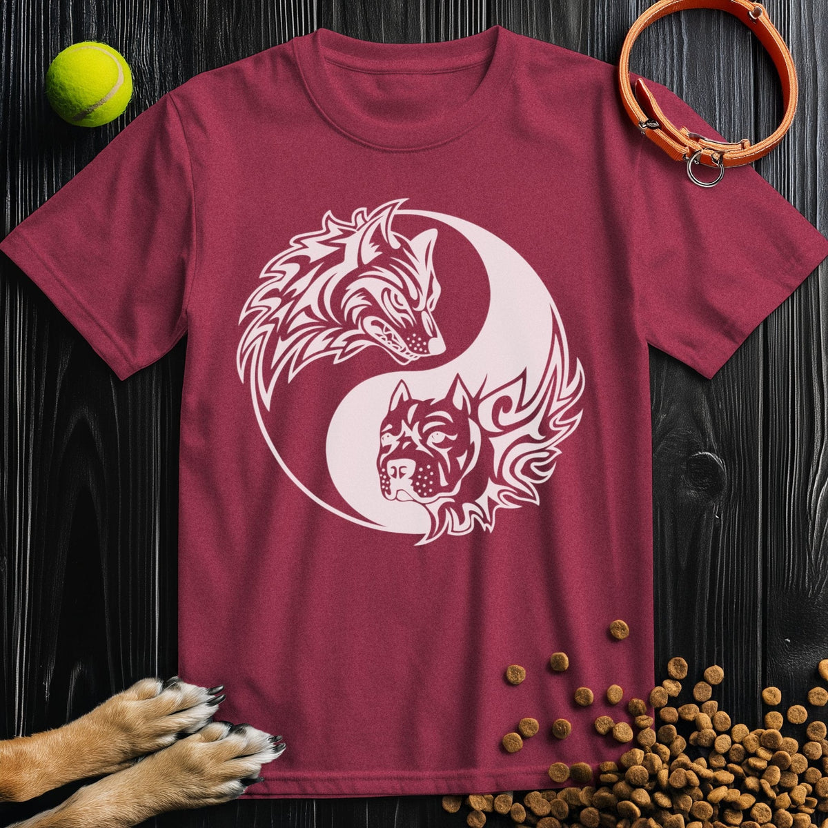 Maroon Yin-Yang Wolf & Dog T-Shirt featuring a bold white graphic. A cotton tee shirt designed for comfort and pet-inspired fashion.