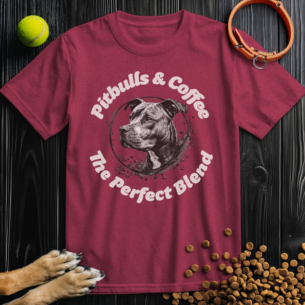 Maroon Pitbulls And Coffee TShirt with pitbull illustration and coffee design. Ideal for dog and caffeine fans at Good Boy Mob.